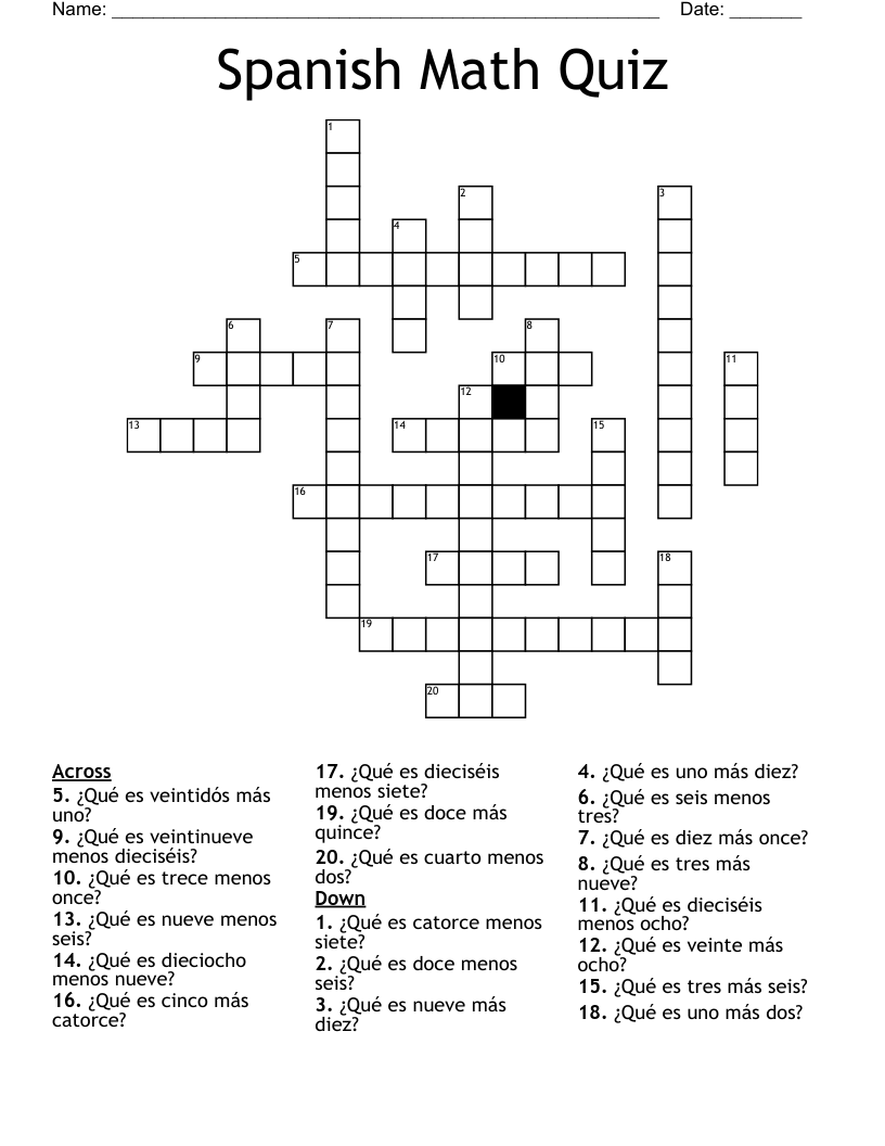 Spanish Math Quiz Crossword WordMint