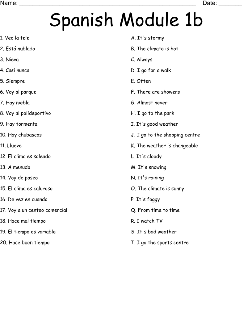Spanish Module 1b Worksheet WordMint