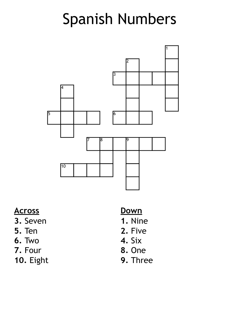 Spanish Numbers Crossword - WordMint