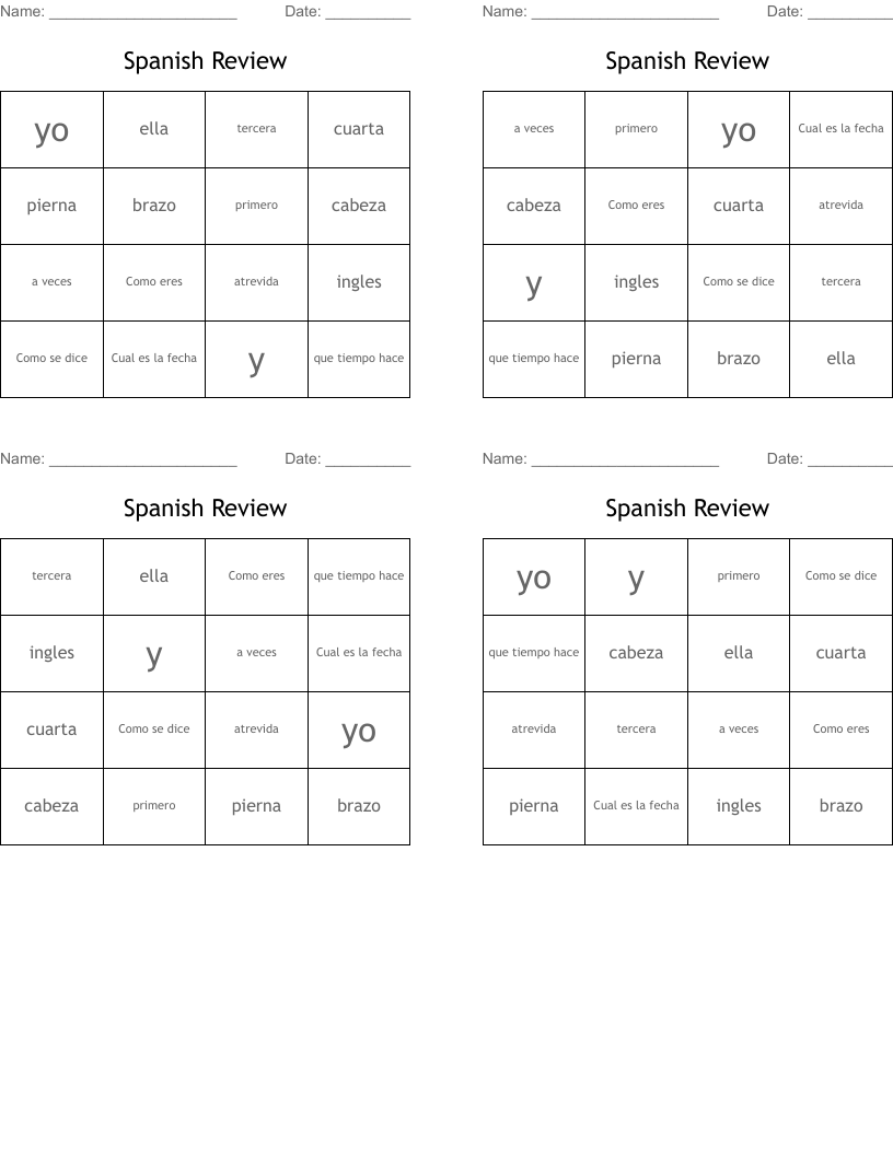 Spanish Review Bingo Cards WordMint