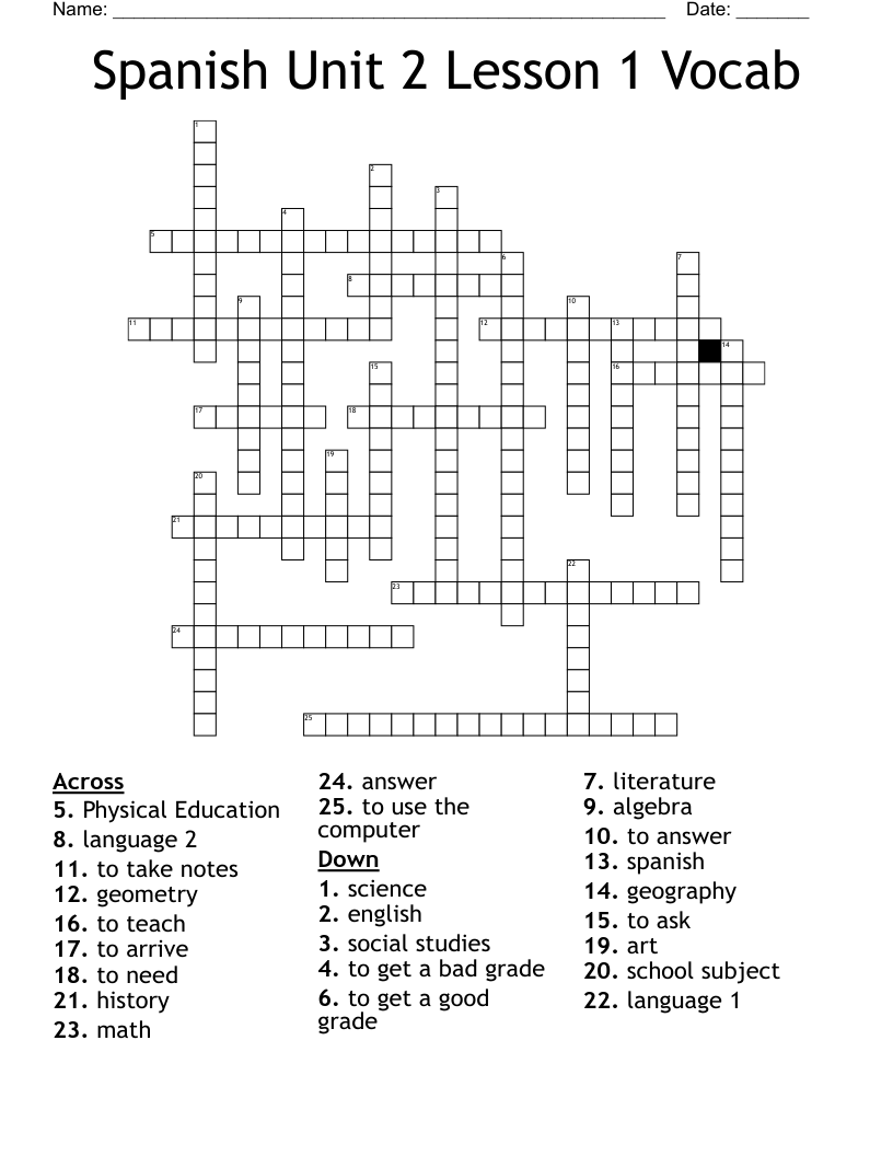 Spanish Unit 2 Lesson 1 Vocab Crossword WordMint