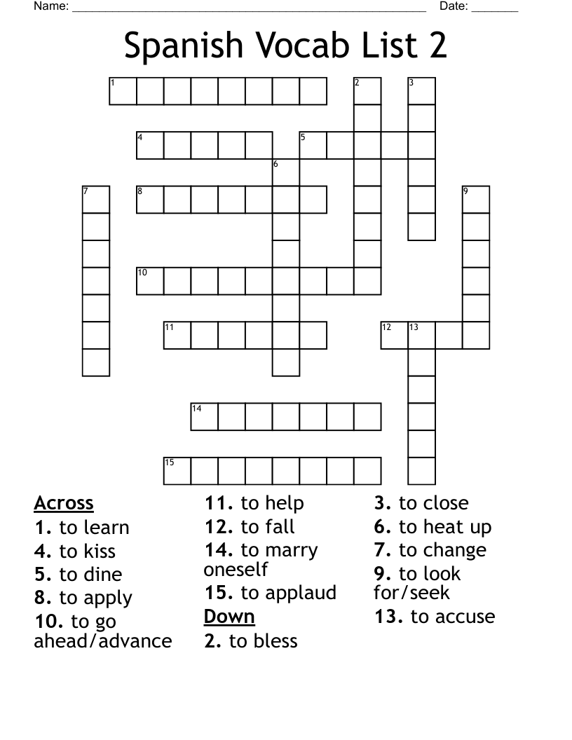 Spanish Vocab List 2 Crossword WordMint