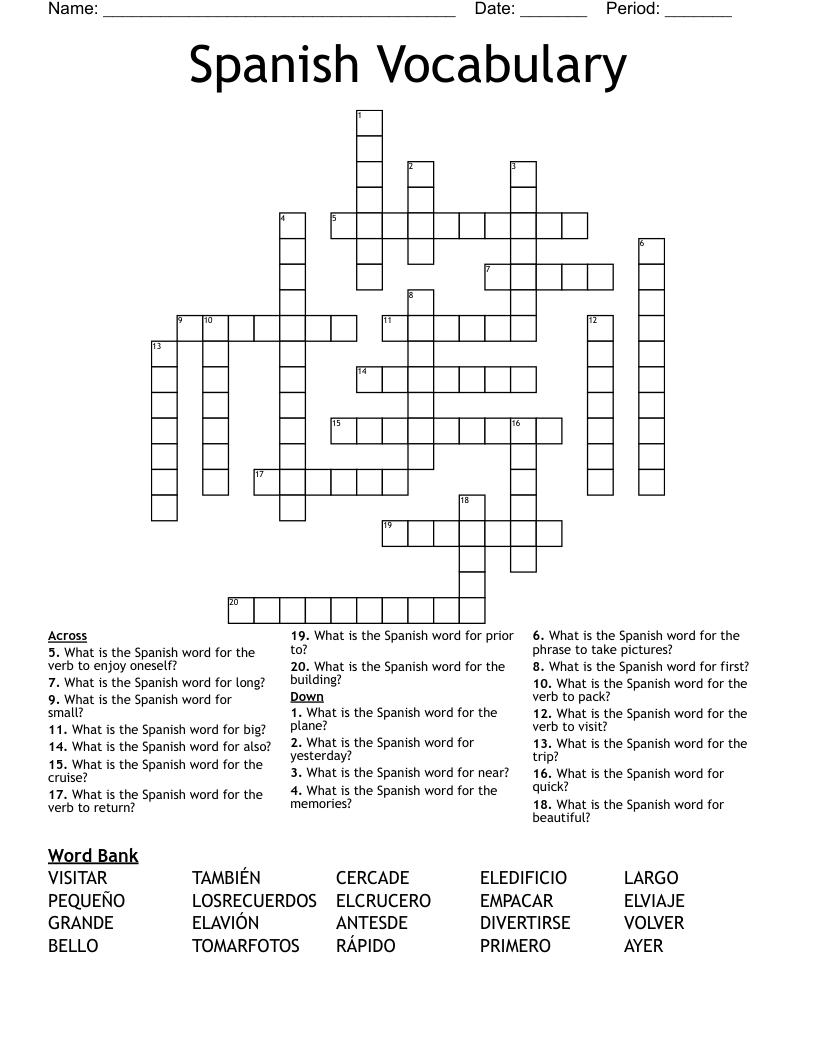 Spanish Vocabulary Crossword WordMint