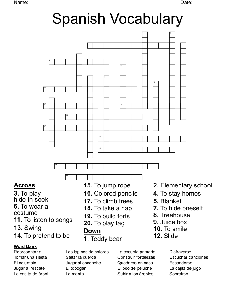 Spanish Vocabulary Crossword WordMint