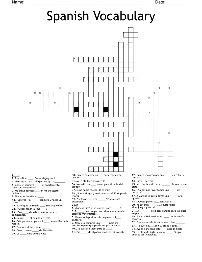 Choice Board 4/Spanish 1 Crossword WordMint