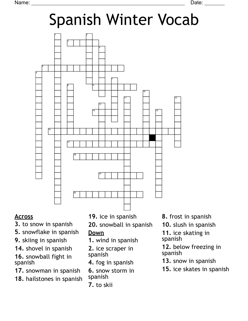 Spanish Winter Vocab Crossword WordMint
