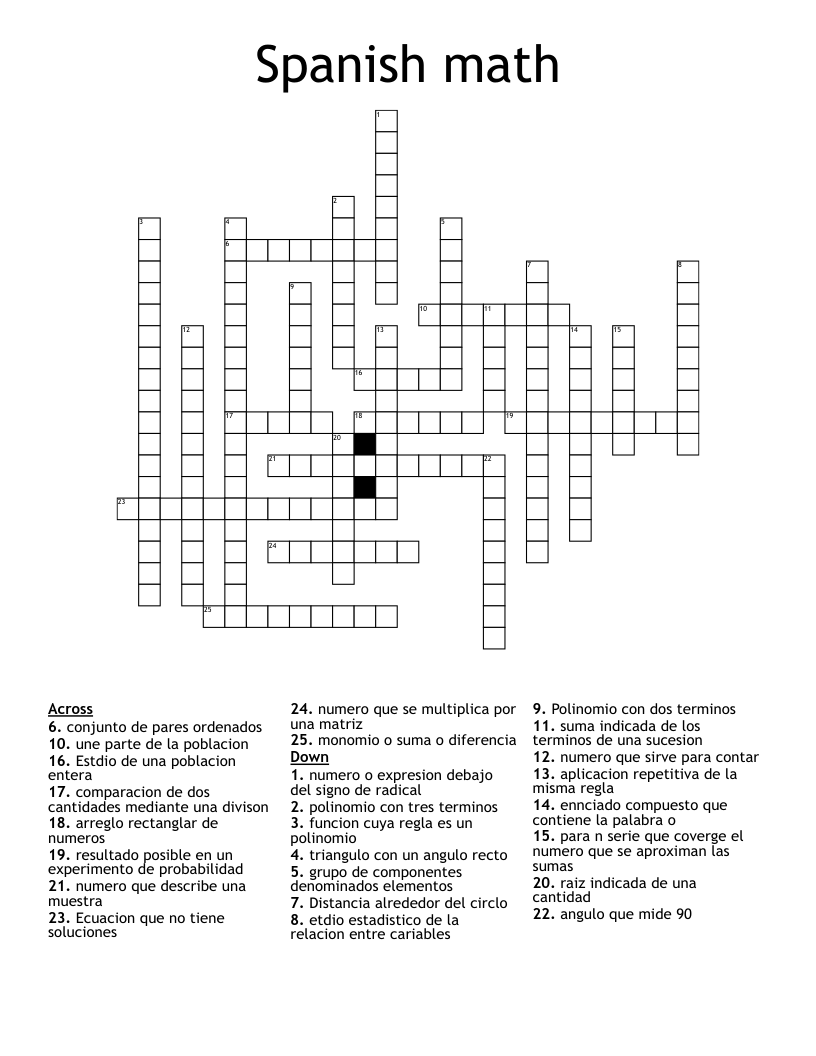 Spanish math Crossword WordMint