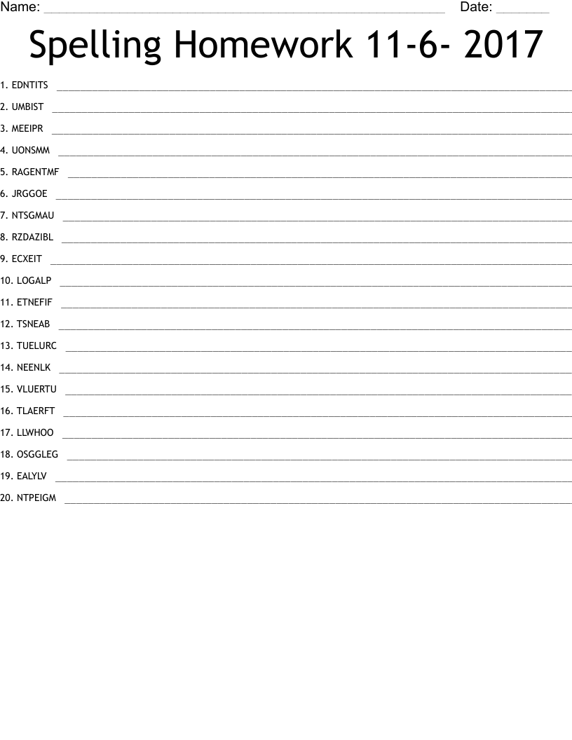 Spelling Homework 116 2017 Word Scramble WordMint