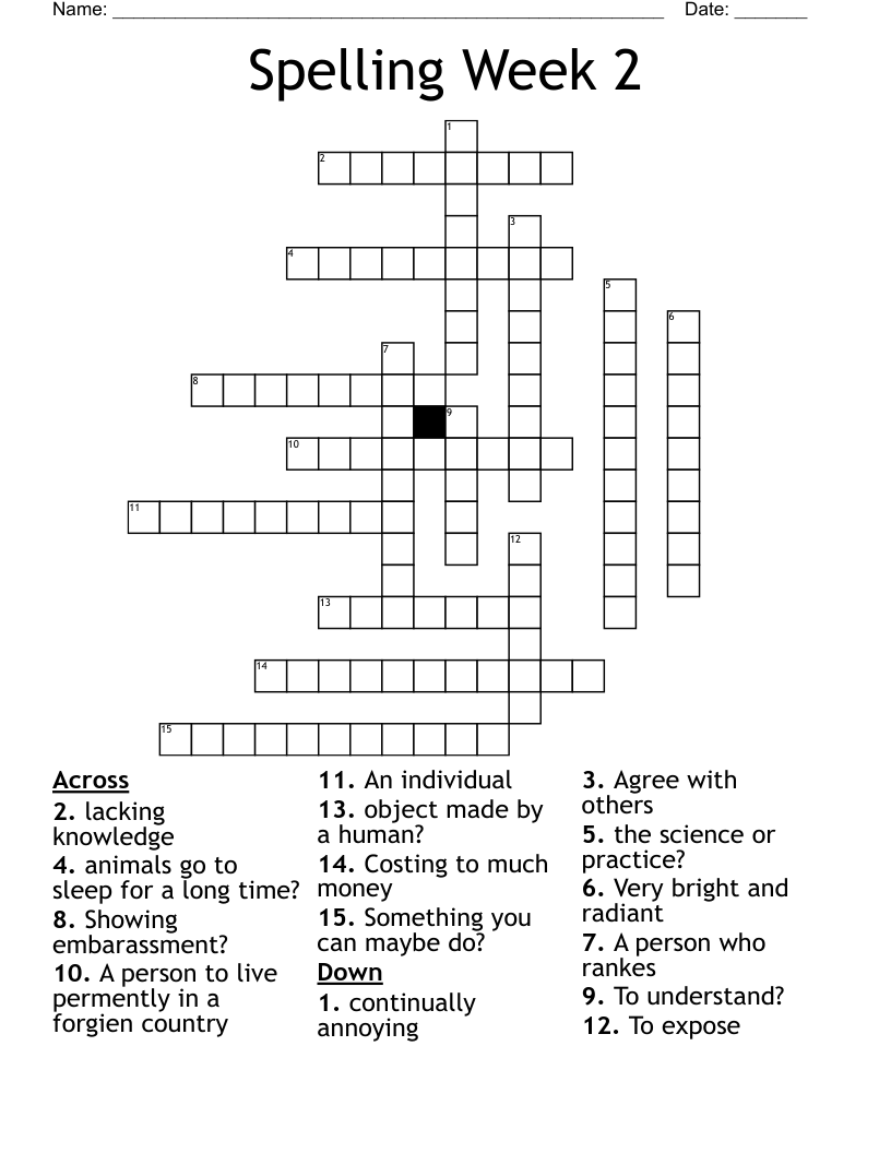 Spelling Week 2 Crossword WordMint