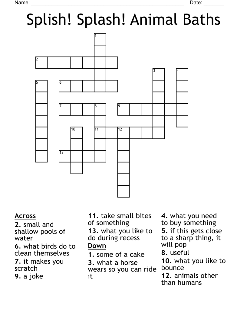 Splish! Splash! Animal Baths Crossword WordMint