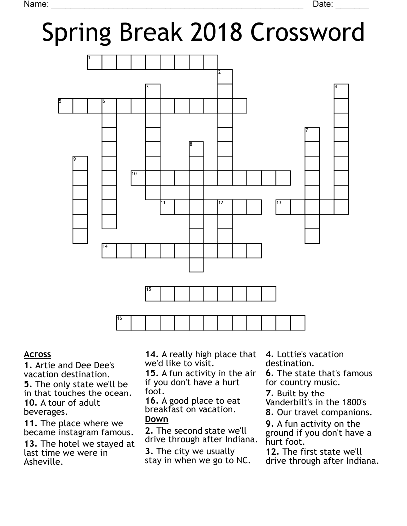 Spring Break 2018 Crossword WordMint