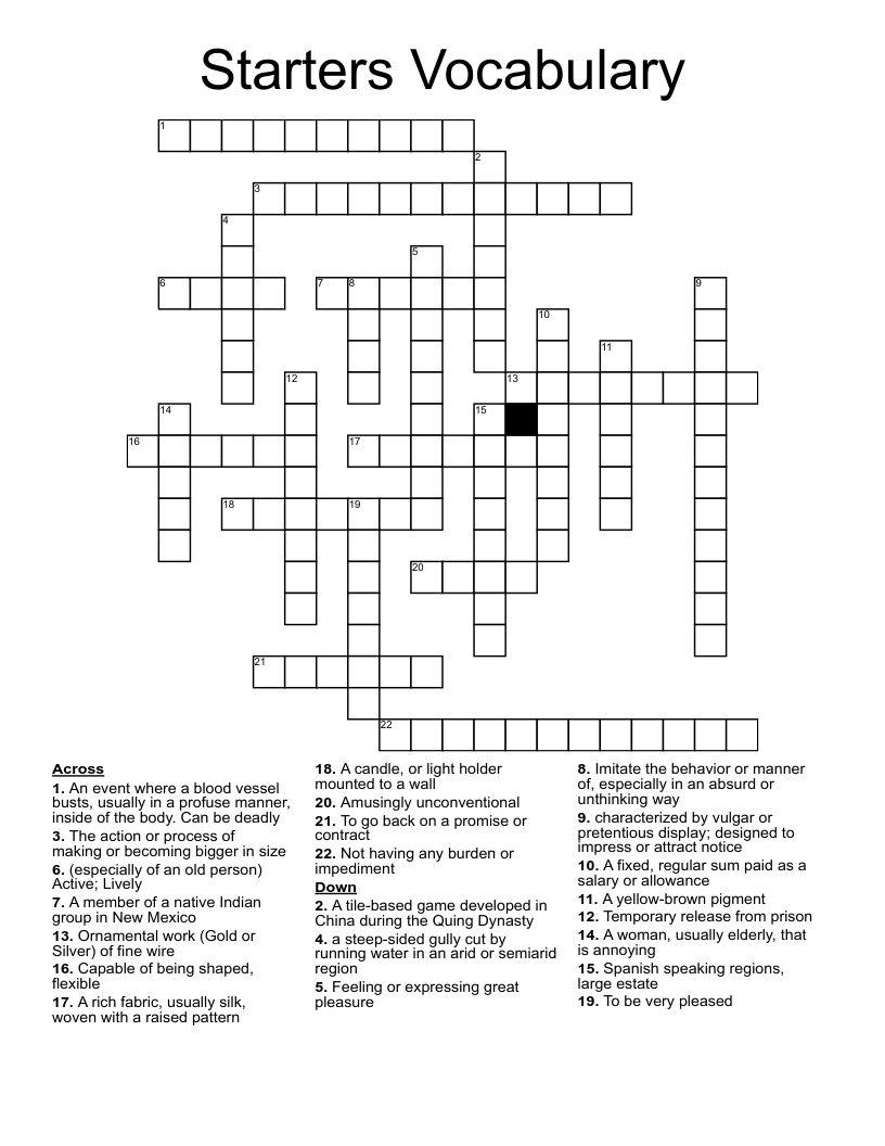 Starters Vocabulary Crossword WordMint
