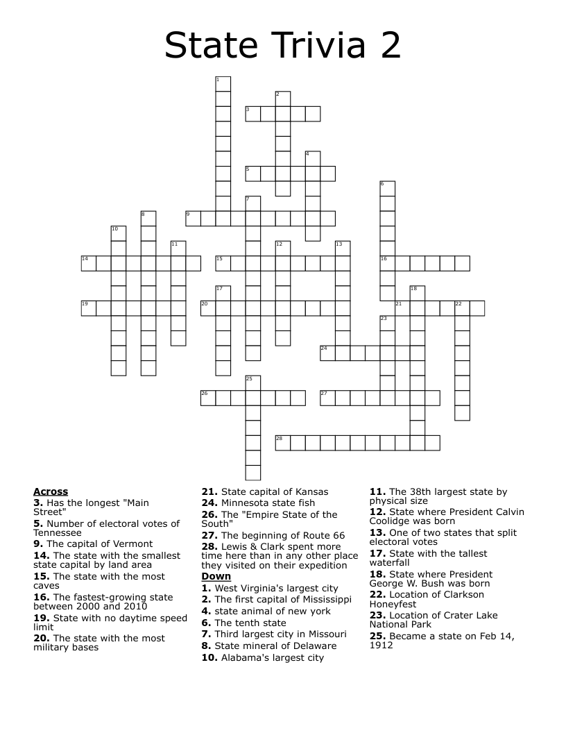 State Trivia 2 Crossword WordMint