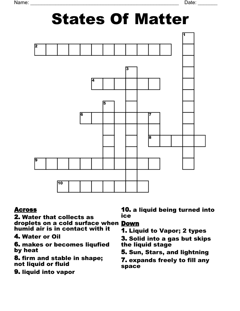 States Of Matter Crossword - WordMint