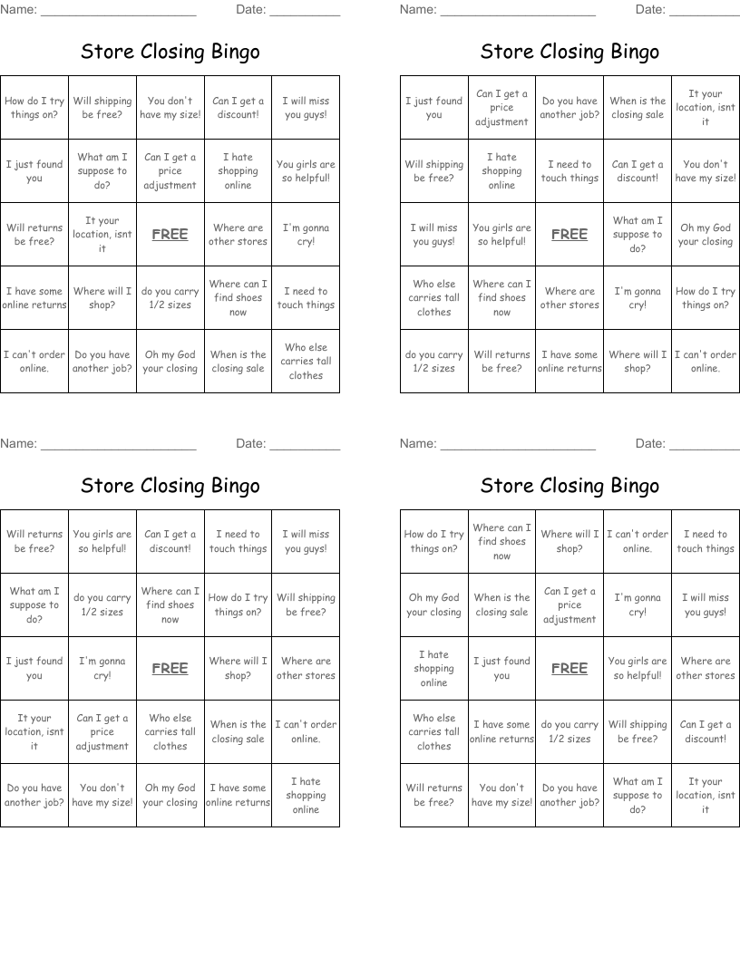 Store Closing Bingo WordMint