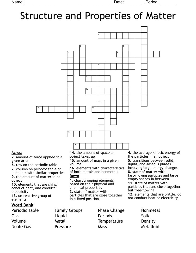 Structure and Properties of Matter Crossword WordMint