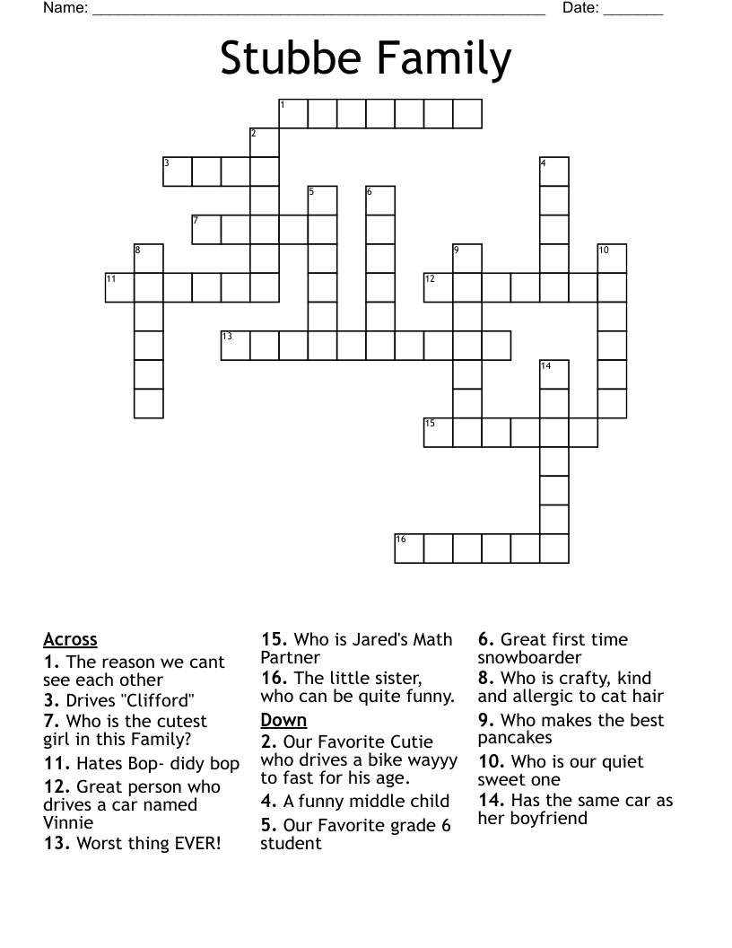 Stubbe Family Crossword WordMint