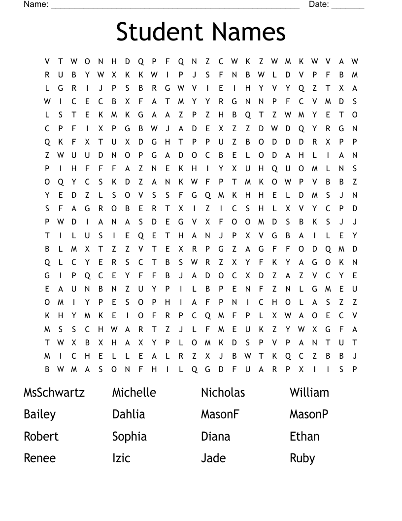 Student Names Word Search WordMint
