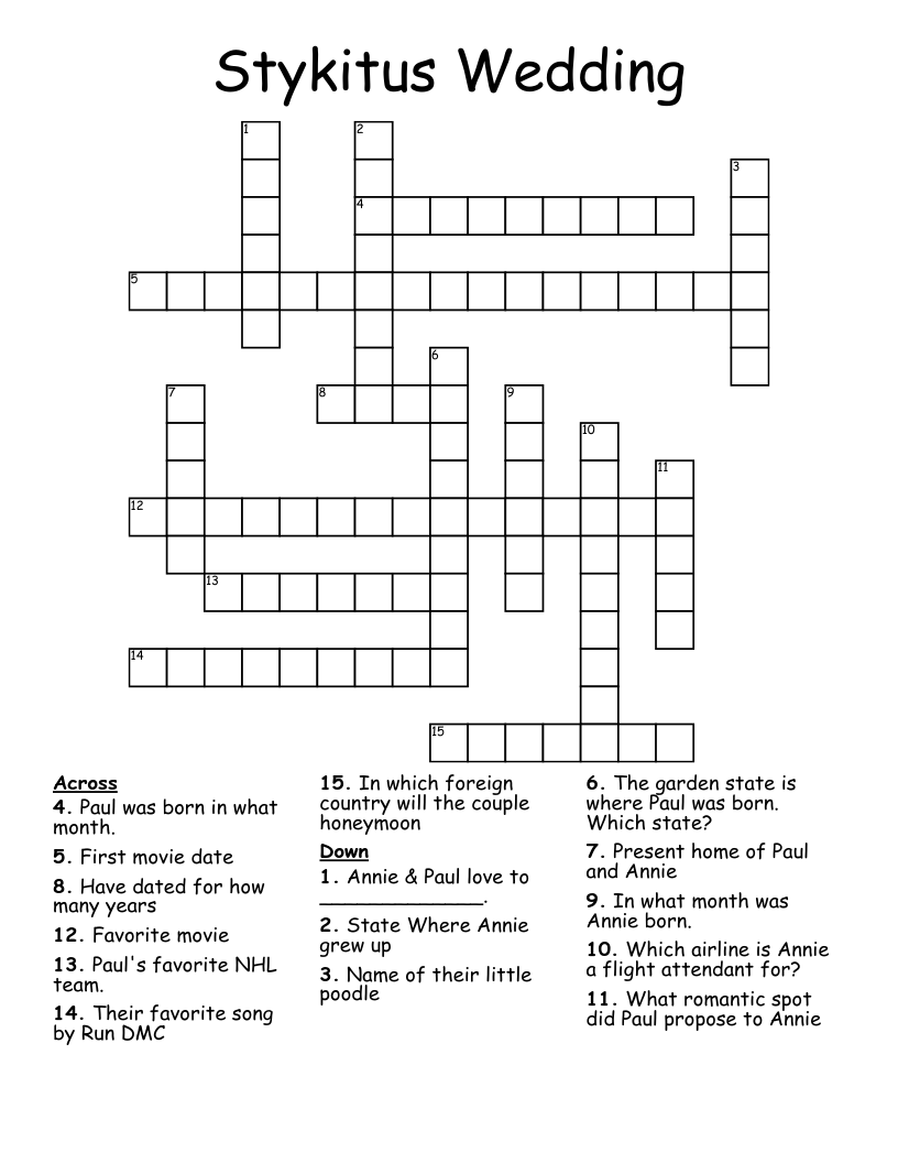 Stykitus Wedding Crossword WordMint