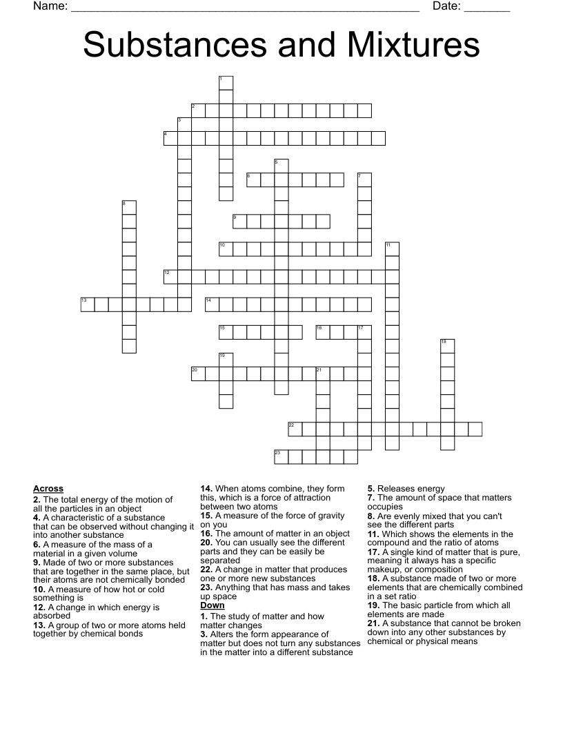 Substances and Mixtures Crossword WordMint