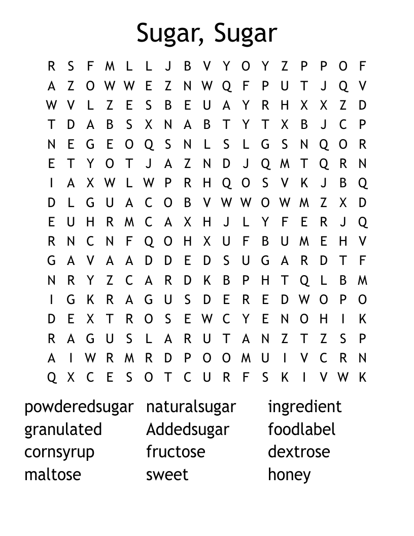 Sugar, Sugar Word Search WordMint