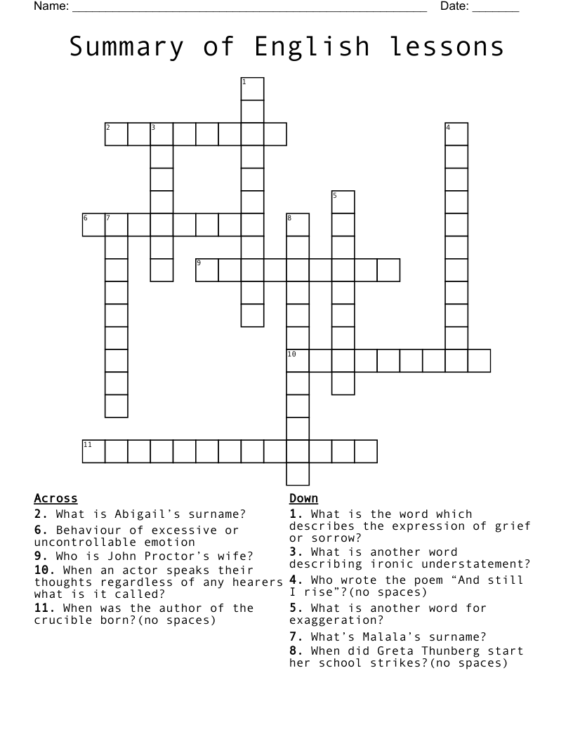 Summary of English lessons Crossword WordMint