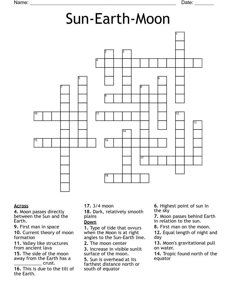 Earth, Sun, and Moon Vocab crossword WordMint