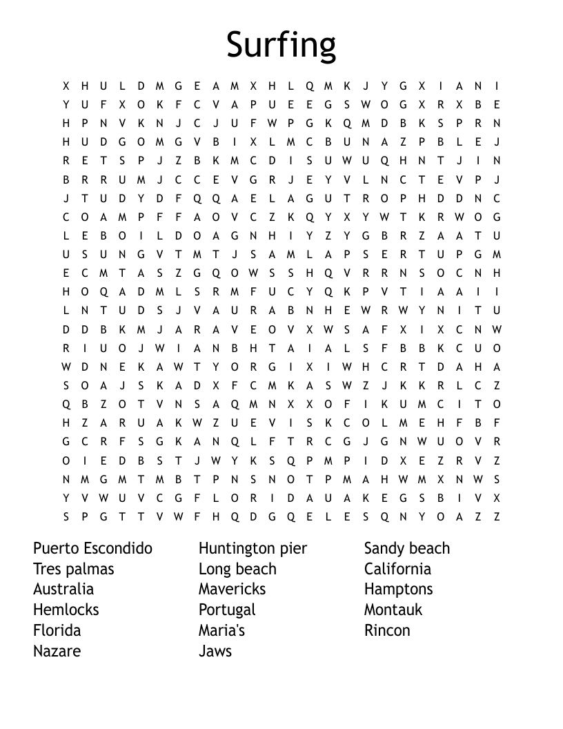 Surf & Swim Crosswords, Word Searches, Bingo Cards WordMint