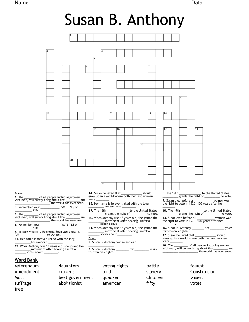 Susan B. Anthony Crossword WordMint