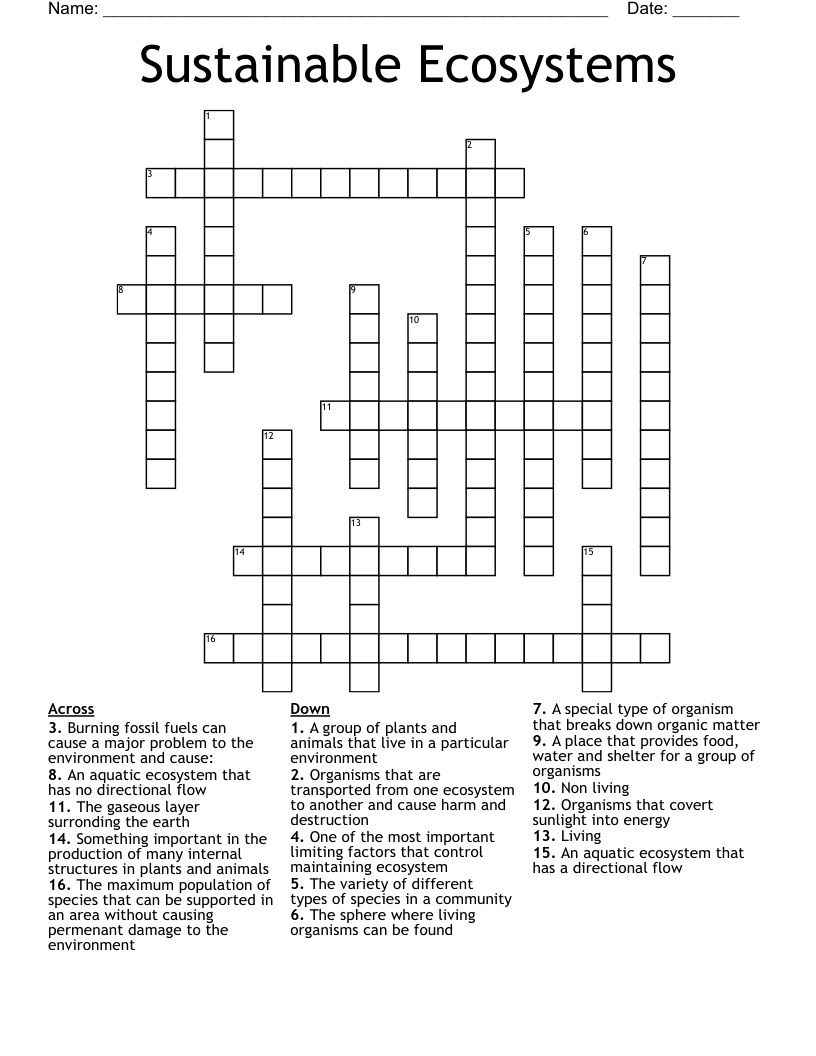 Sustainable Ecosystems Crossword WordMint