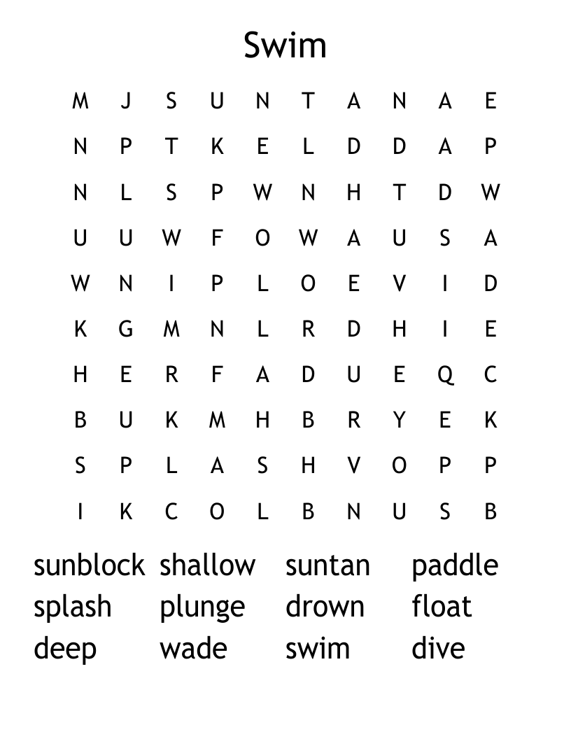 Swim Word Search WordMint