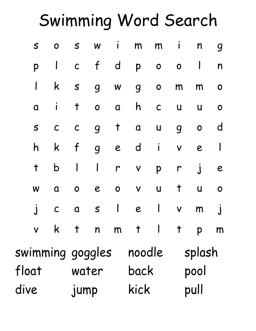 Swimming Word Search WordMint