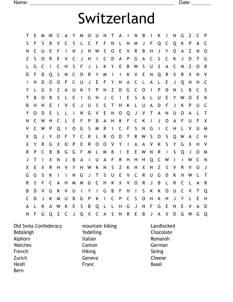 Switzerland Word Search WordMint