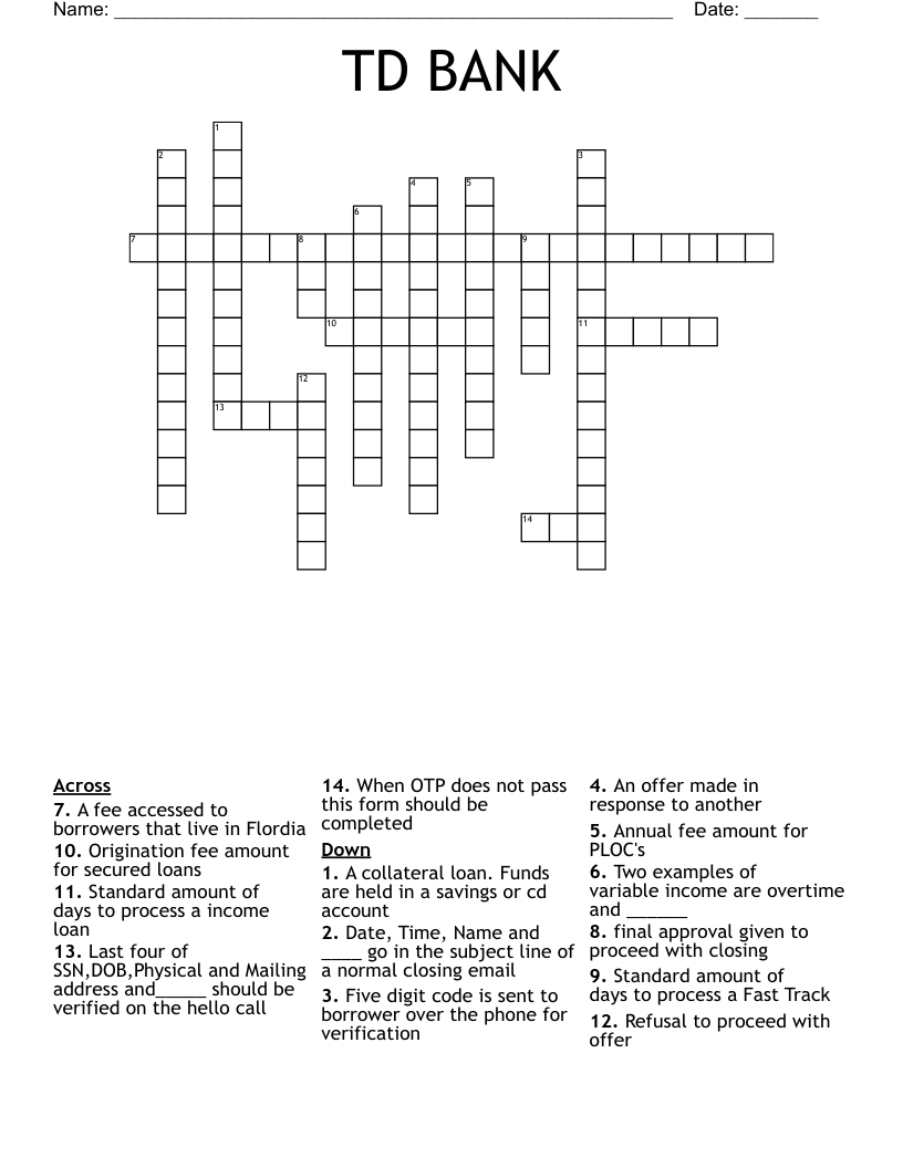 TD BANK Crossword WordMint