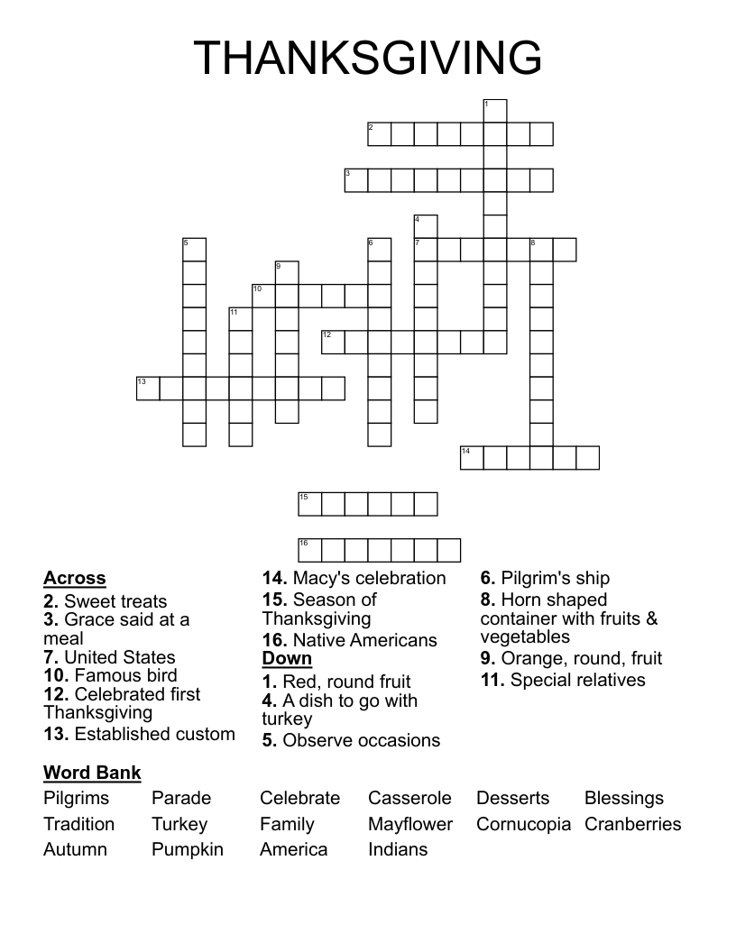 THANKSGIVING Crossword WordMint