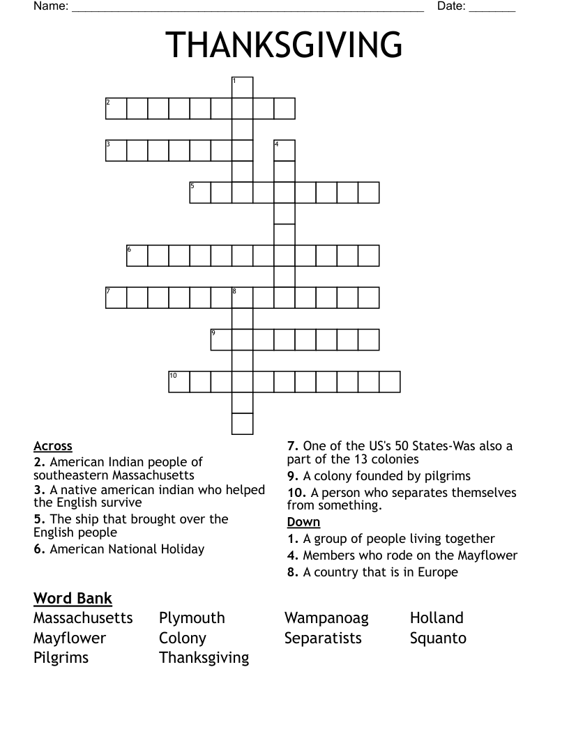 THANKSGIVING Crossword - WordMint