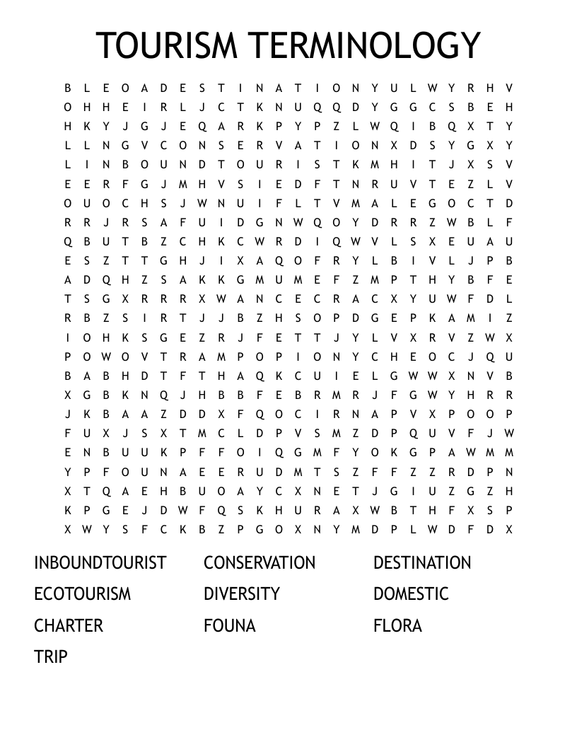 TOURISM TERMINOLOGY Word Search WordMint