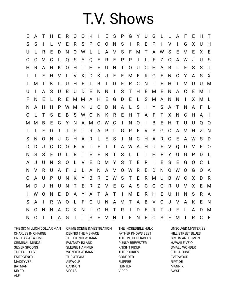 T.V. Shows Word Search WordMint