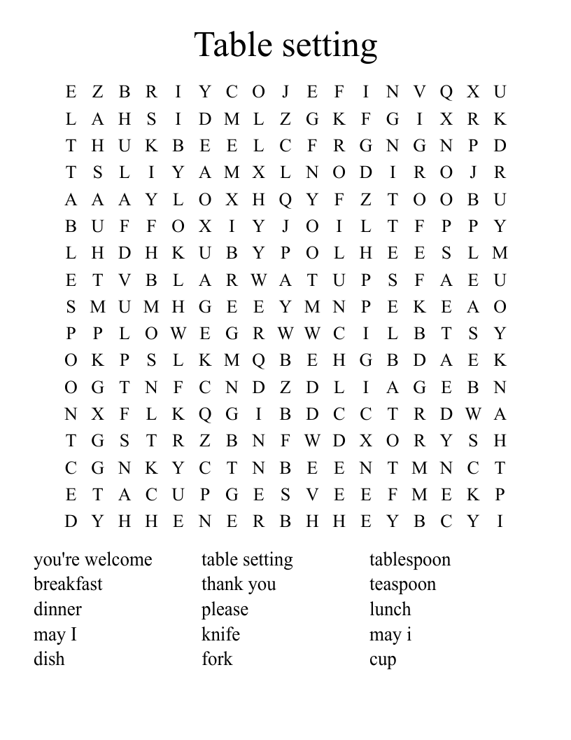 Table setting Word Search WordMint
