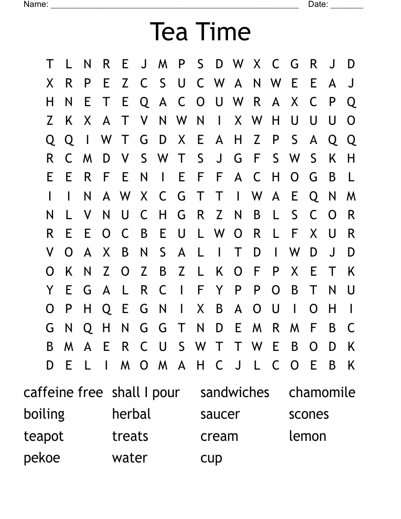 Coffee & Tea Crosswords, Word Searches, Bingo Cards WordMint