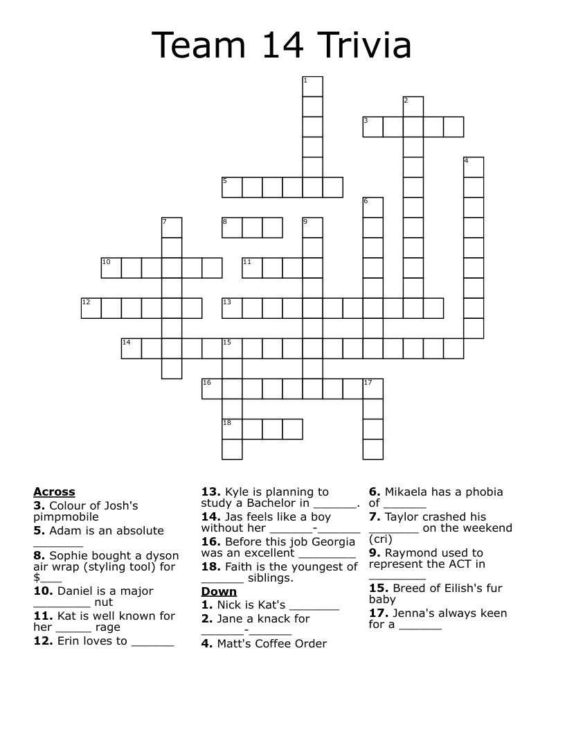 Team 14 Trivia Crossword WordMint