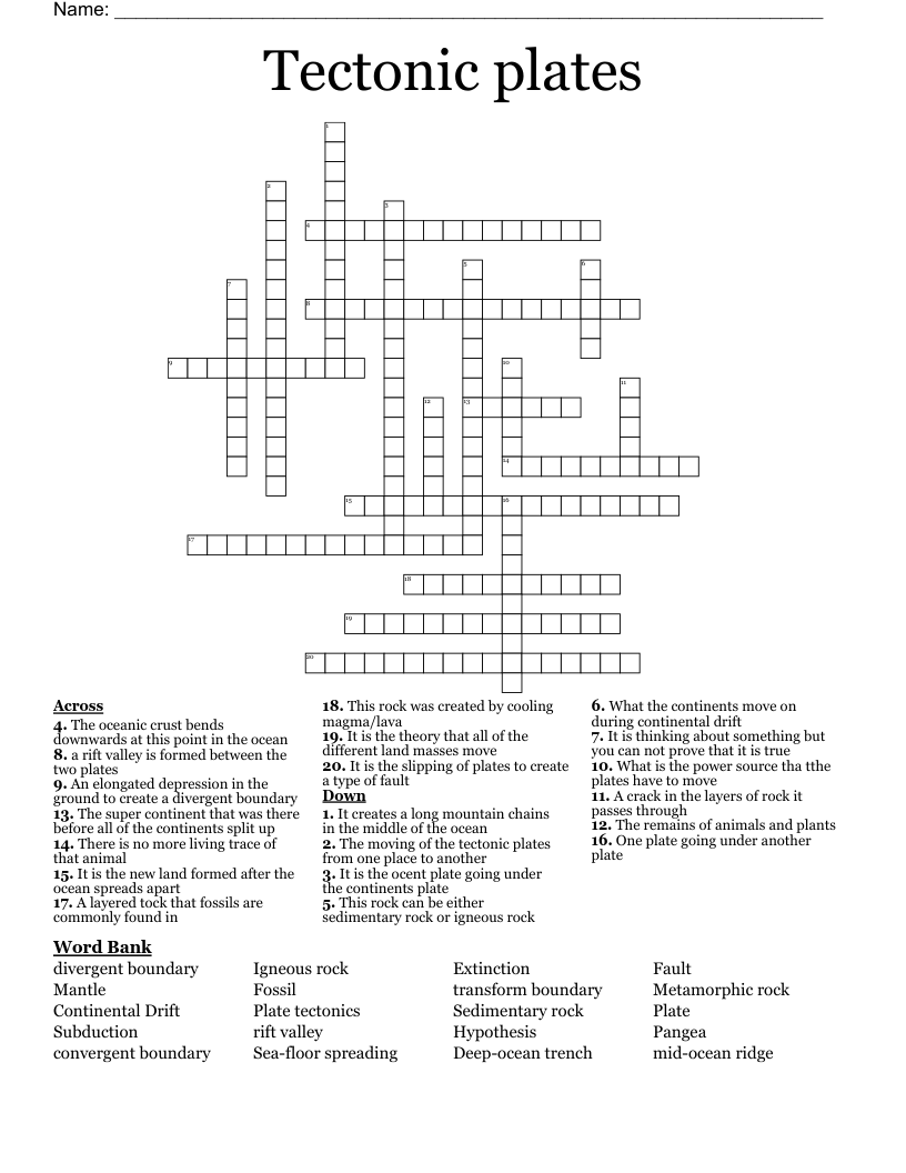 Tectonic plates Crossword WordMint