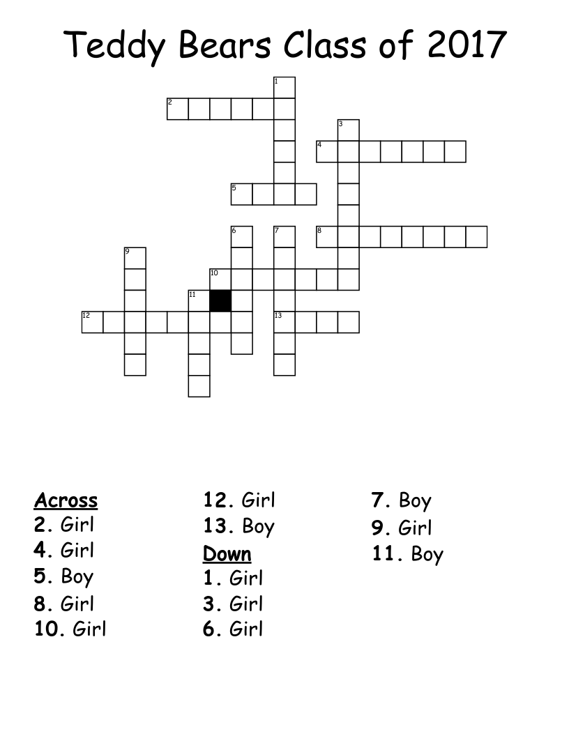 Teddy Bears Class of 2017 Crossword WordMint