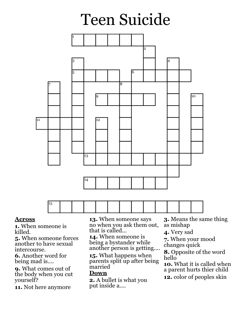 Teen Suicide Crossword WordMint