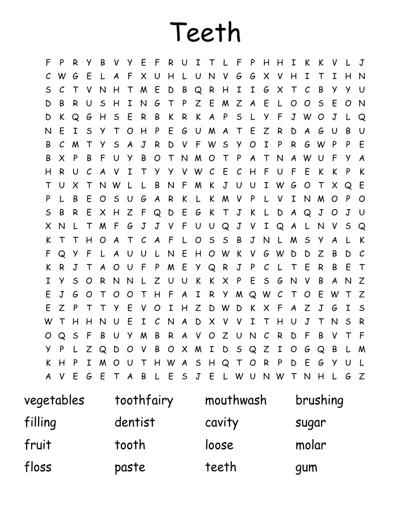Healthy Teeth Word Search - WordMint