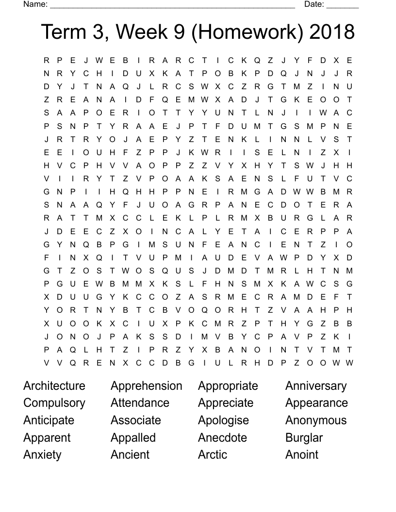 Term 3, Week 9 (Homework) 2018 Word Search WordMint