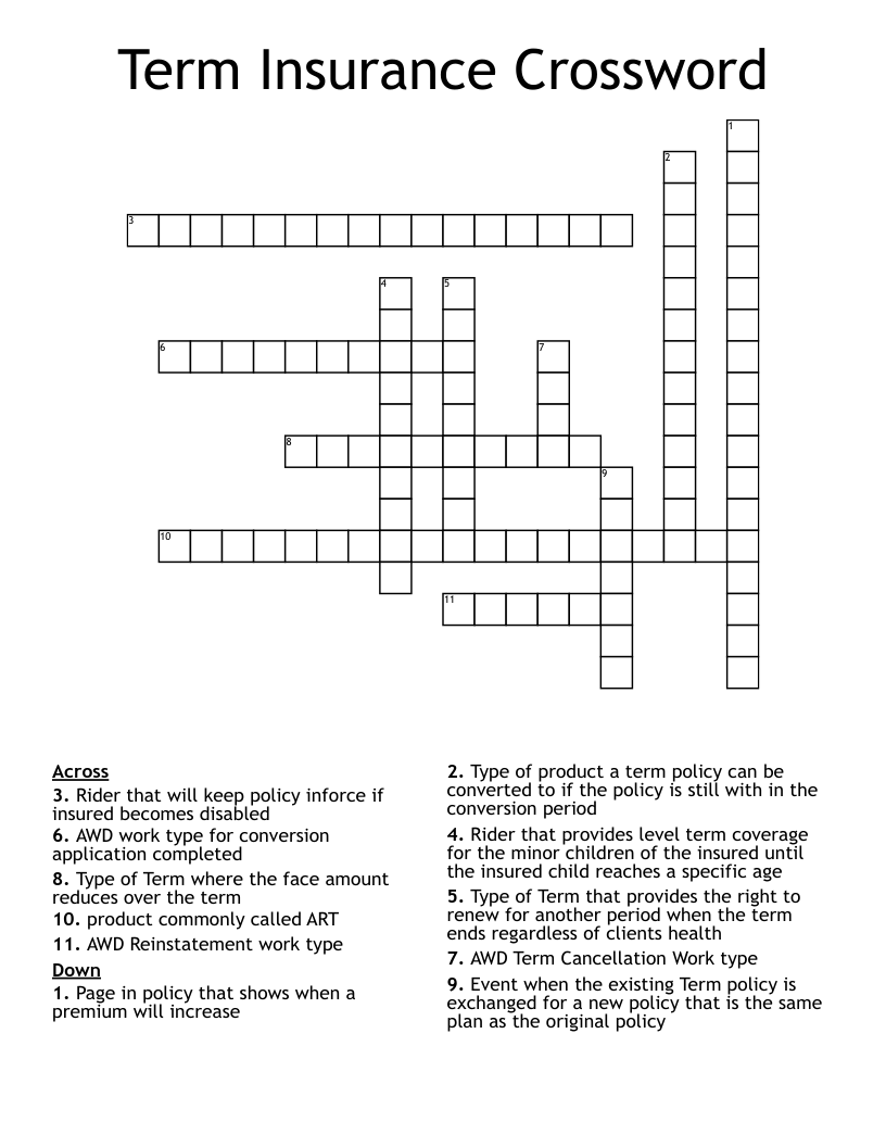 Term Insurance Crossword WordMint