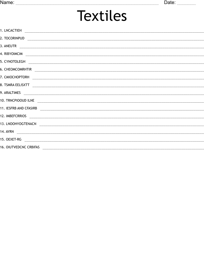 Textiles Word Scramble WordMint