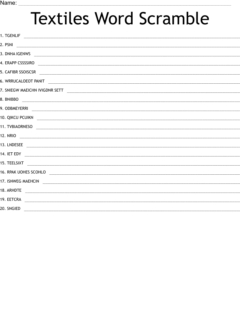 Textiles Word Search WordMint