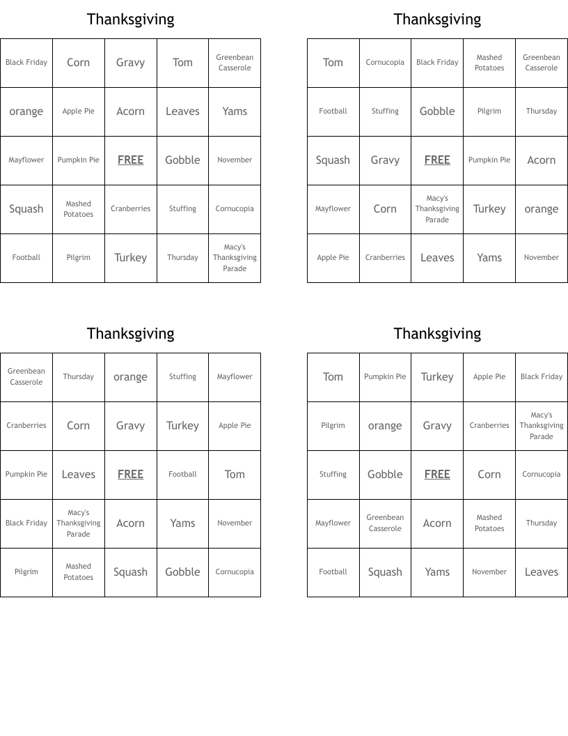 Thanksgiving 2020 Bingo Cards WordMint